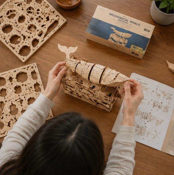 Wooden Puzzles 3D Whale Music Box Model Kit Handmade DIY Assembly for Christmas Gifts