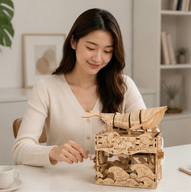 Wooden Puzzles 3D Whale Music Box Model Kit Handmade DIY Assembly for Christmas Gifts