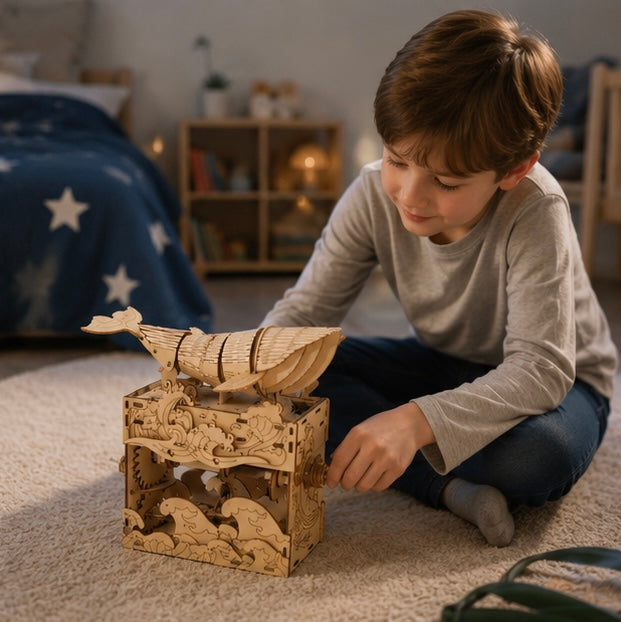 Wooden Puzzles 3D Whale Music Box Model Kit Handmade DIY Assembly for Christmas Gifts