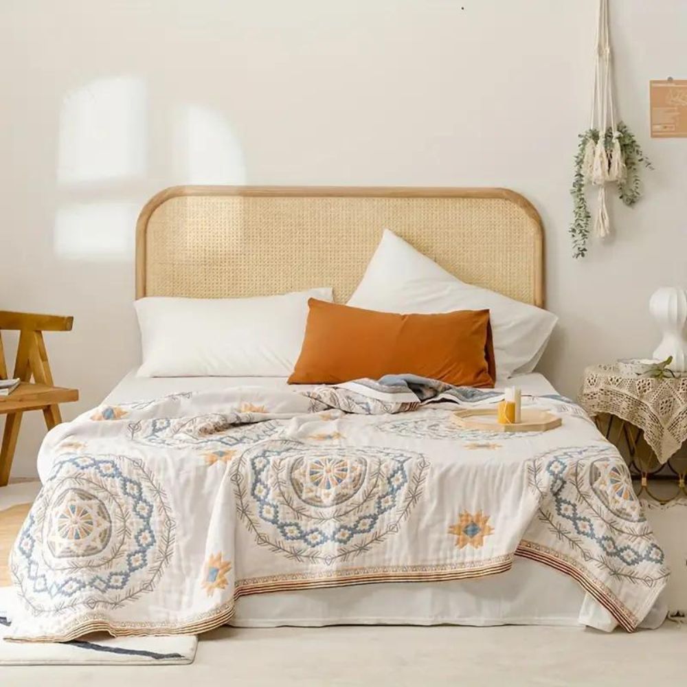 Throw Blanket Cotton with Woven Mandala Pattern for Sofa and Bed in Boho Style