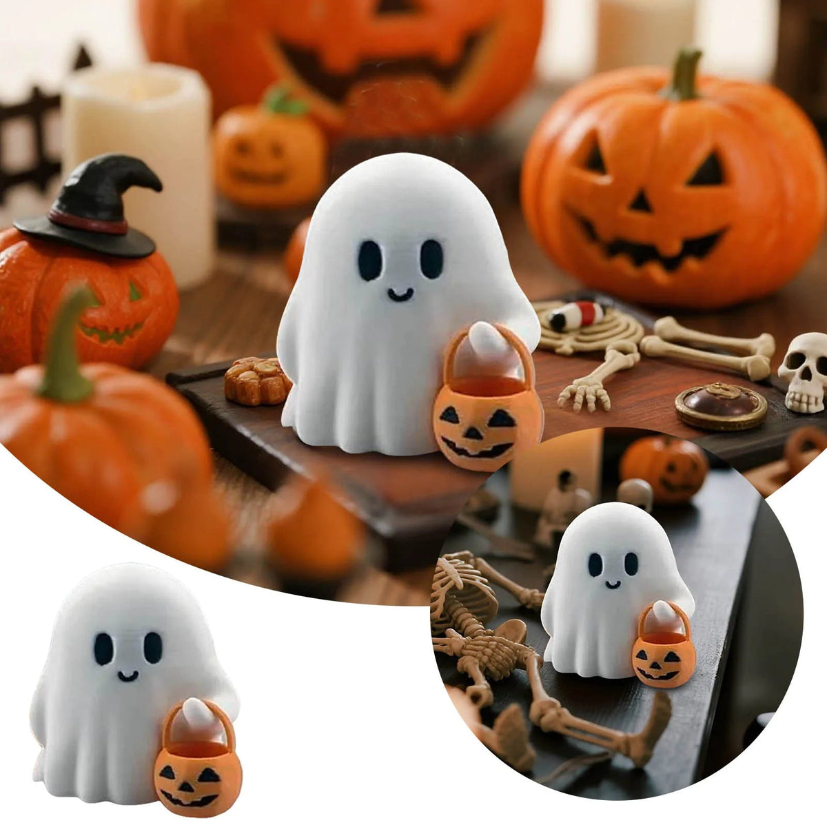 Halloween Decorations Cute Ghost Figurine Set of Three with Pumpkin Accents for Desks and Shelves