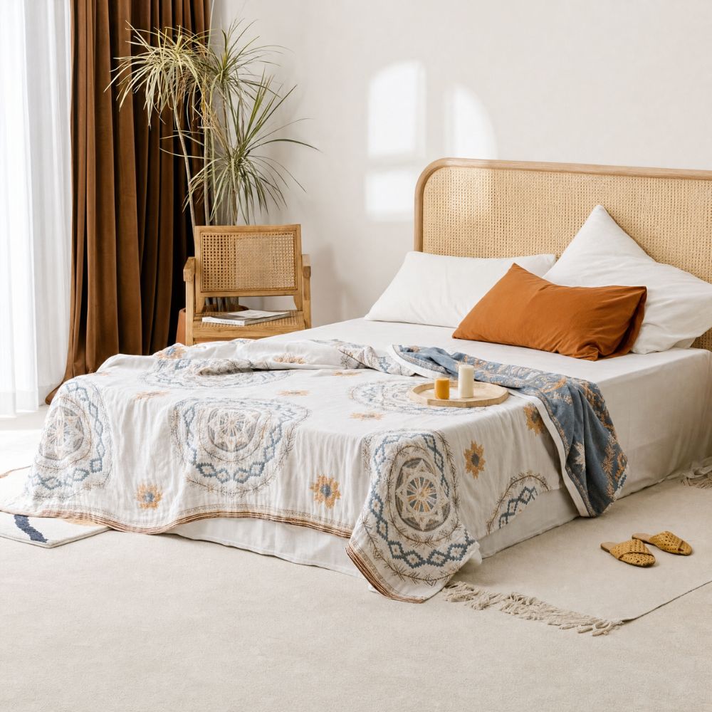 Throw Blanket Cotton with Woven Mandala Pattern for Sofa and Bed in Boho Style