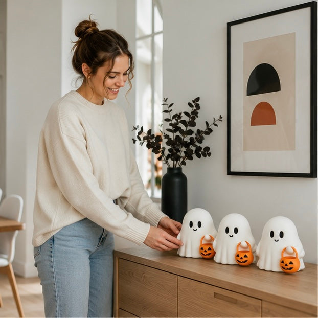Halloween Decorations Cute Ghost Figurine Set of Three with Pumpkin Accents for Desks and Shelves