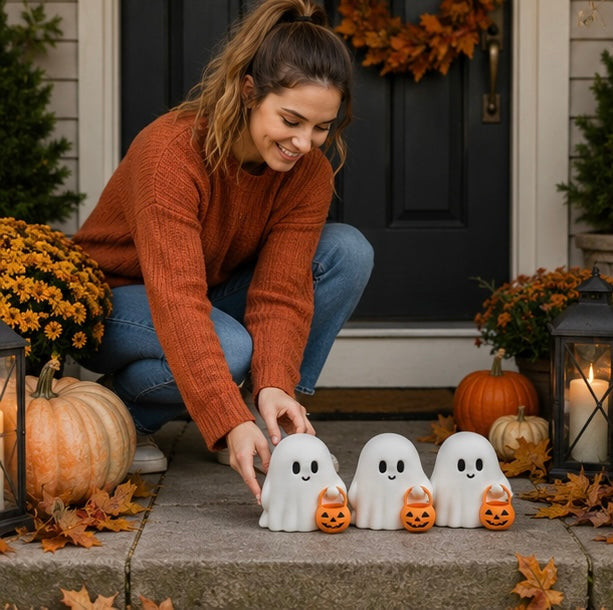 Halloween Decorations Cute Ghost Figurine Set of Three with Pumpkin Accents for Desks and Shelves