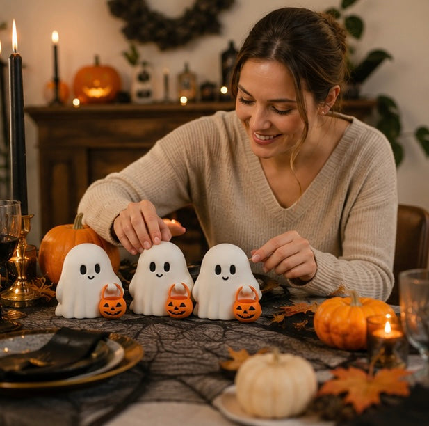 Halloween Decorations Cute Ghost Figurine Set of Three with Pumpkin Accents for Desks and Shelves