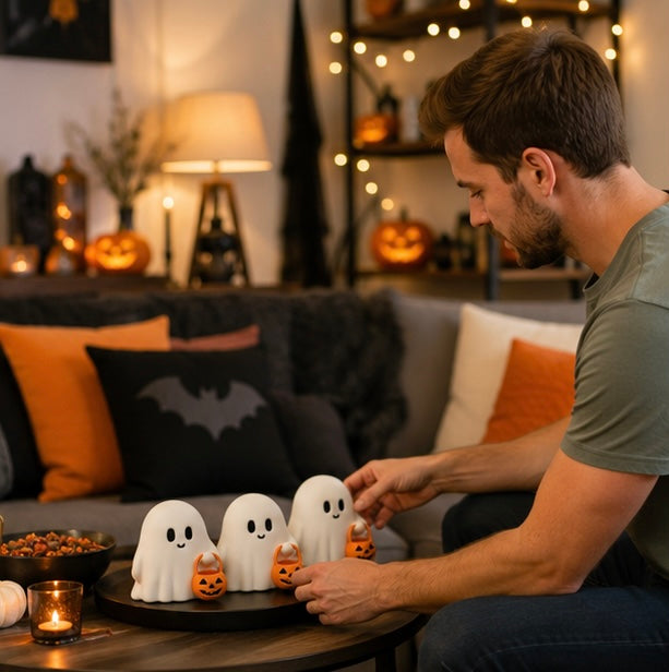 Halloween Decorations Cute Ghost Figurine Set of Three with Pumpkin Accents for Desks and Shelves