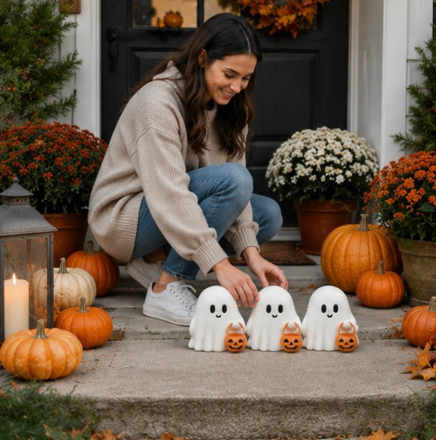 Halloween Decorations Cute Ghost Figurine Set of Three with Pumpkin Accents for Desks and Shelves