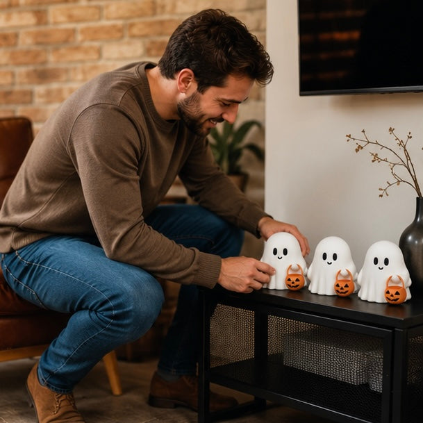 Halloween Decorations Cute Ghost Figurine Set of Three with Pumpkin Accents for Desks and Shelves