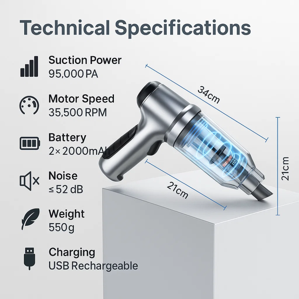 Handheld Vacuum Car Cleaner Powerful Compact Cordless Tool for Auto Interior
