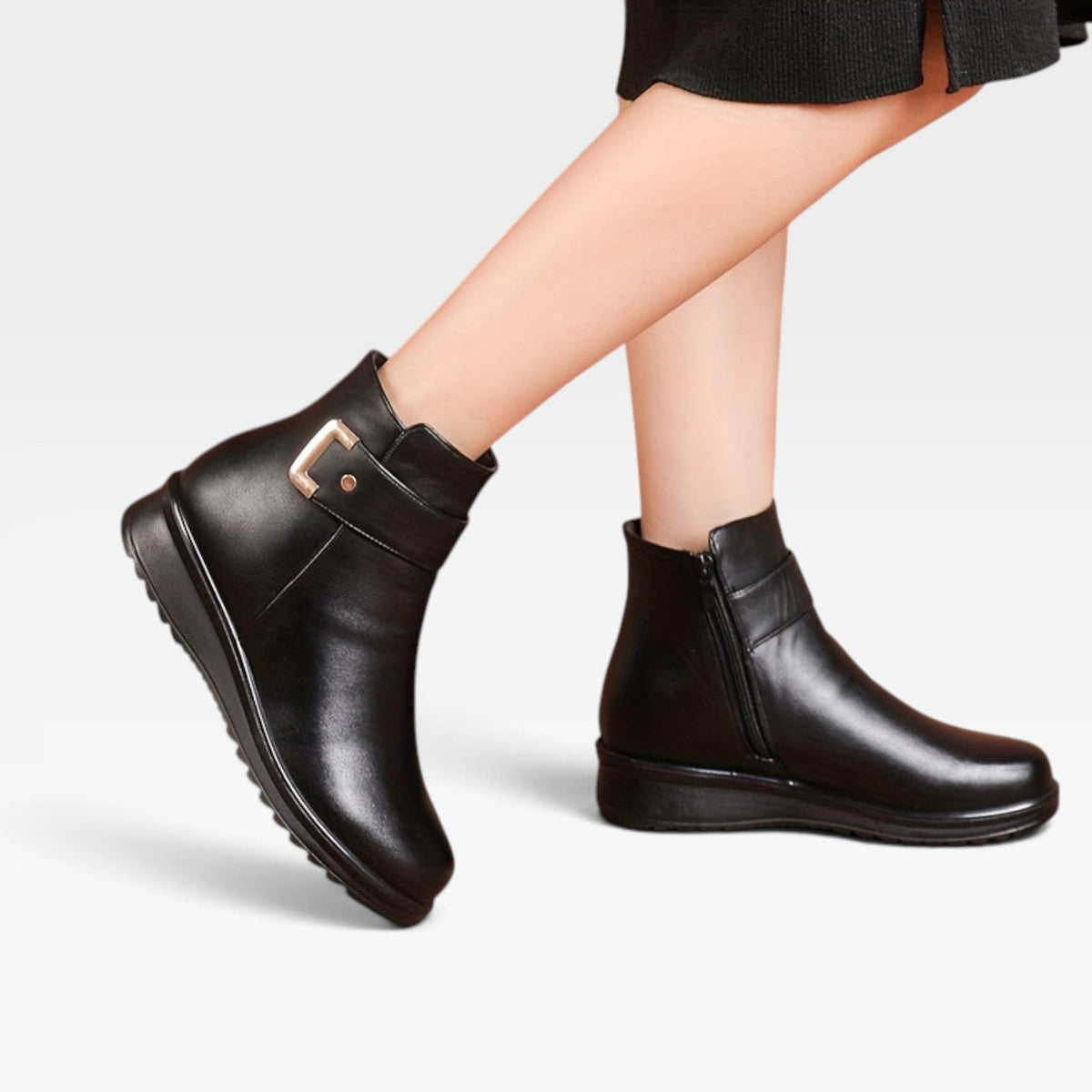 Orthopedic Ankle Boots Leather for Women with Cushioned Wedge Sole and Buckle Strap