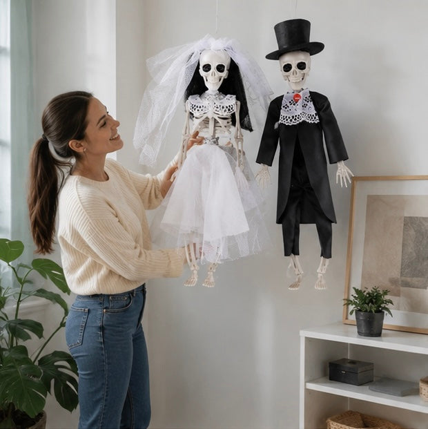 Halloween Party Decorations Hanging Skeleton Bride and Groom Prop with Corded Top