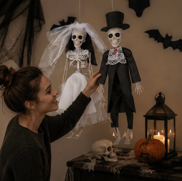 Halloween Party Decorations Hanging Skeleton Bride and Groom Prop with Corded Top