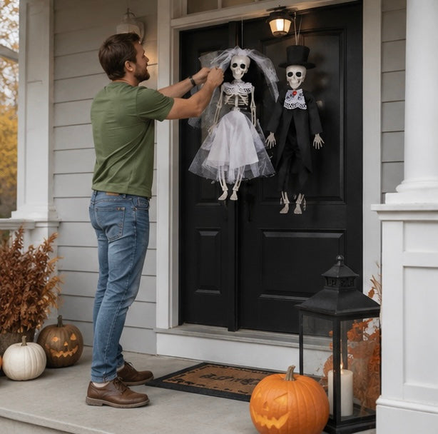 Halloween Party Decorations Hanging Skeleton Bride and Groom Prop with Corded Top