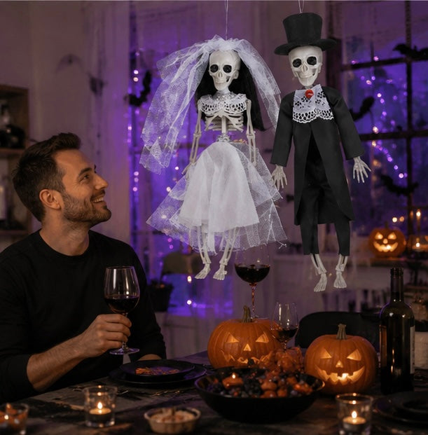 Halloween Party Decorations Hanging Skeleton Bride and Groom Prop with Corded Top