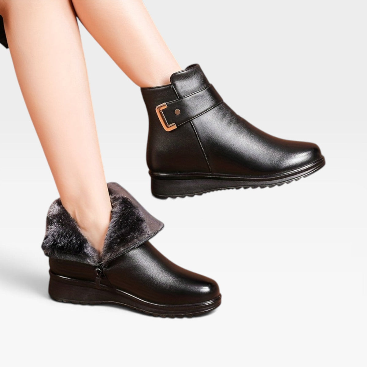 Orthopedic Ankle Boots Leather for Women with Cushioned Wedge Sole and Buckle Strap