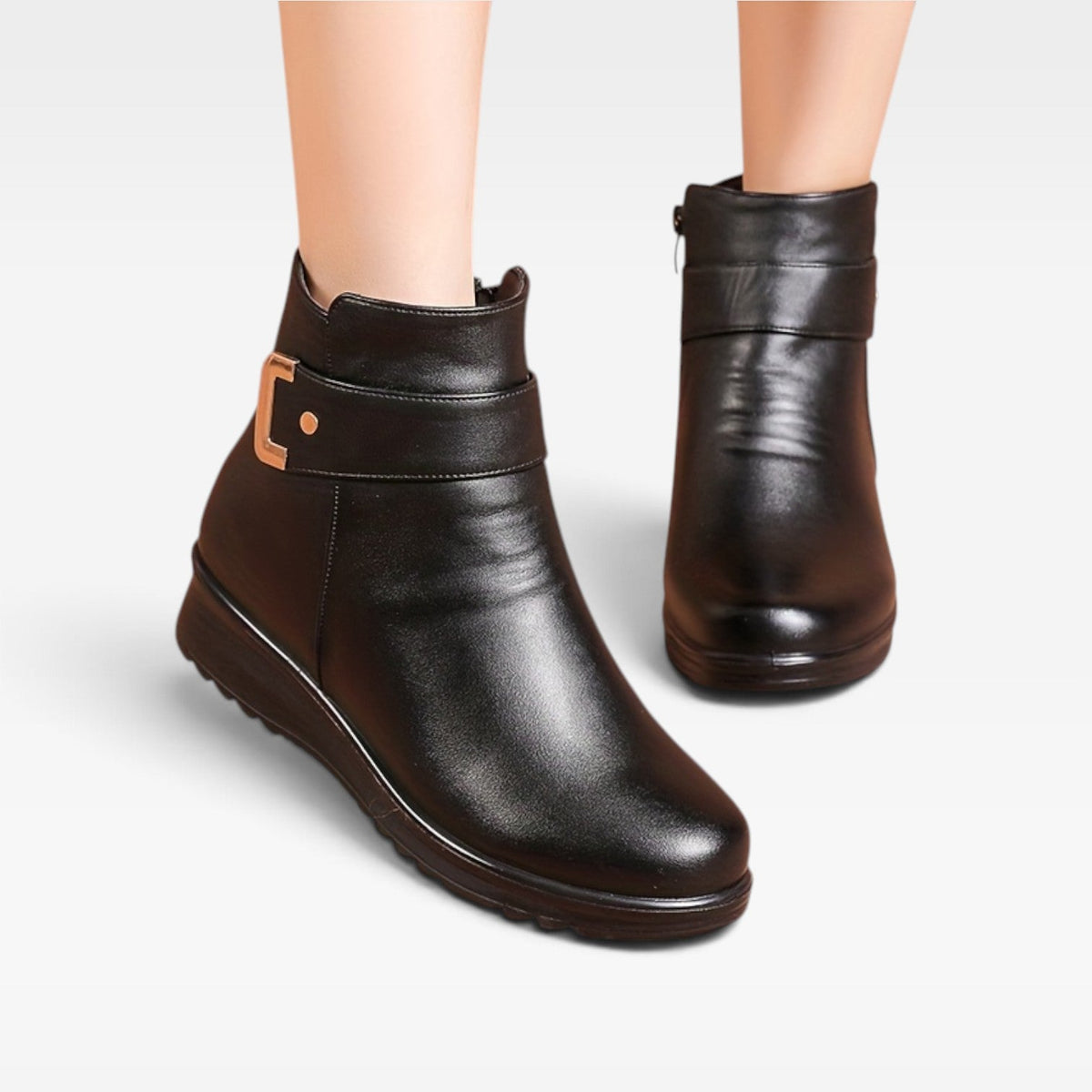 Orthopedic Ankle Boots Leather for Women with Cushioned Wedge Sole and Buckle Strap