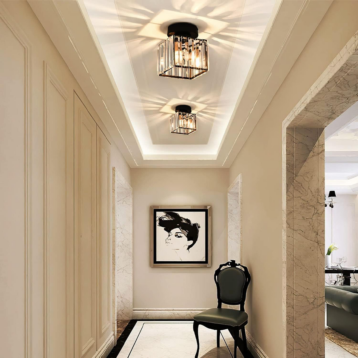 Ceiling Light Flush Mount with Crystal Shade for Hallway Living Room and Bedroom