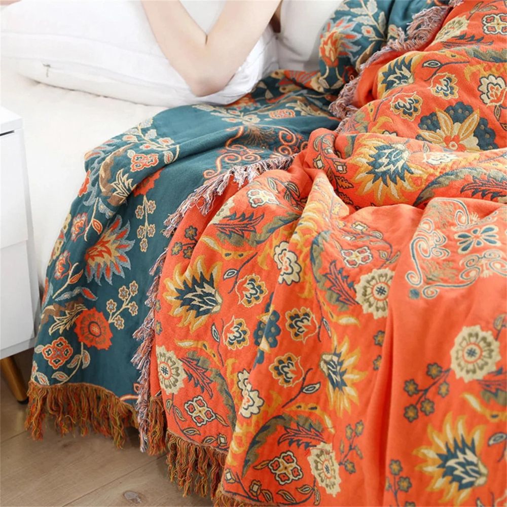 Throw Blanket Cotton Reversible with Vintage Floral Weave for Sofa Bed and Armchair