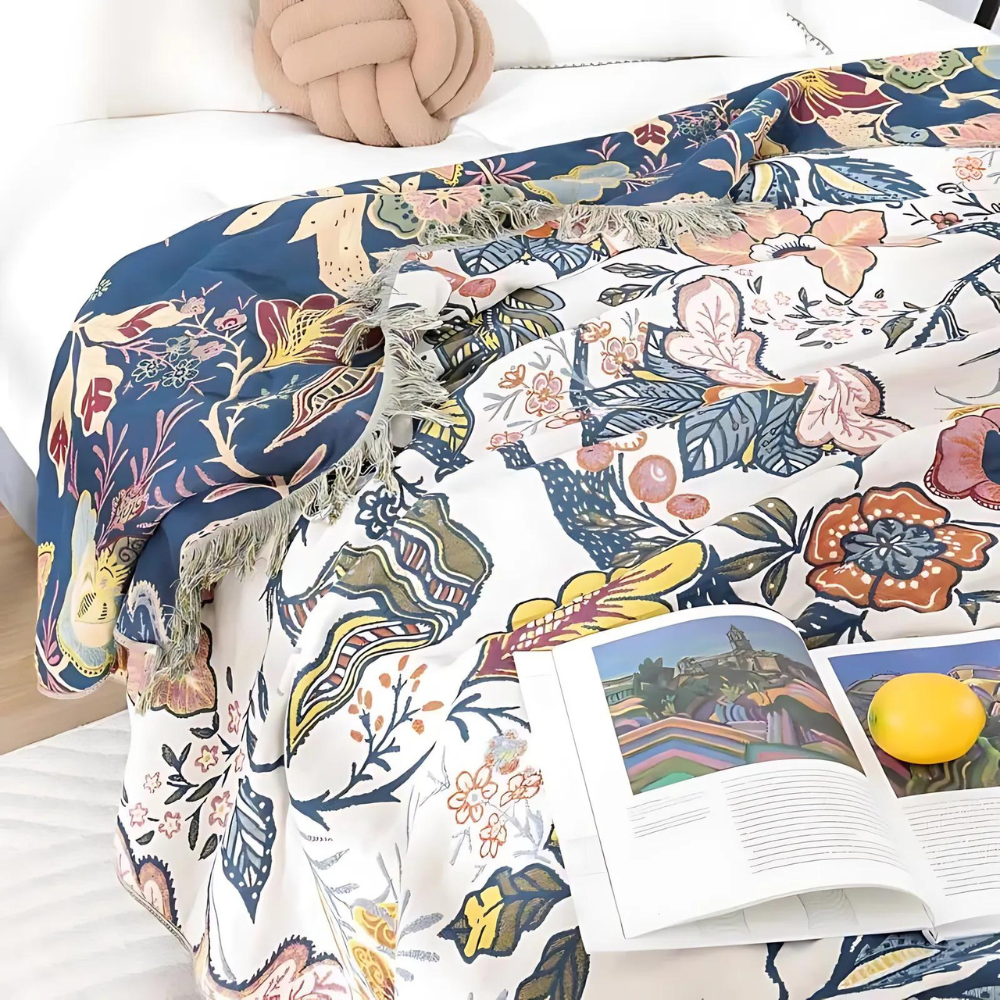 Cotton Blankets Artistic Floral Throw Reversible Jacquard for All Seasons