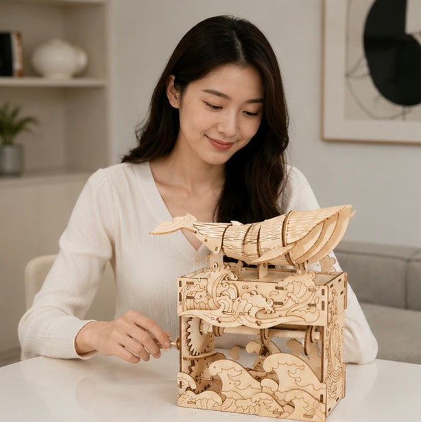 Wooden Puzzles 3D Whale Music Box Model Kit Handmade DIY Assembly for Christmas Gifts