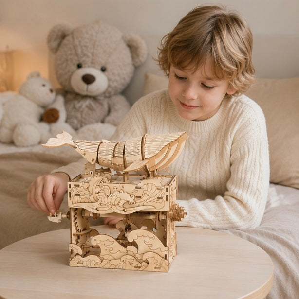 Wooden Puzzles 3D Whale Music Box Model Kit Handmade DIY Assembly for Christmas Gifts