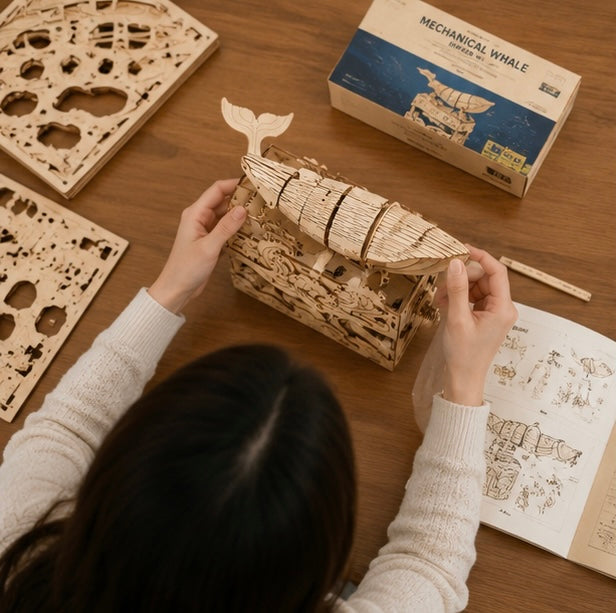 Wooden Puzzles 3D Whale Music Box Model Kit Handmade DIY Assembly for Christmas Gifts