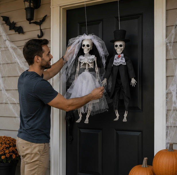 Halloween Party Decorations Hanging Skeleton Bride and Groom Prop with Corded Top