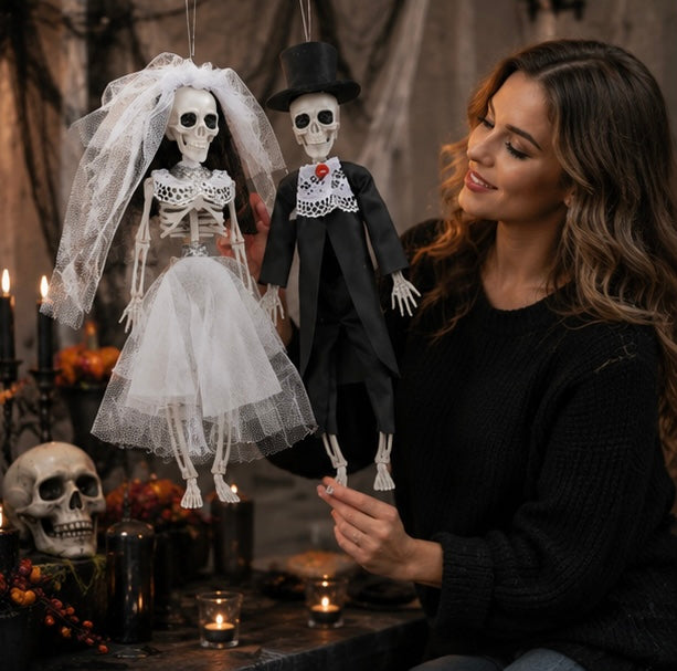 Halloween Party Decorations Hanging Skeleton Bride and Groom Prop with Corded Top