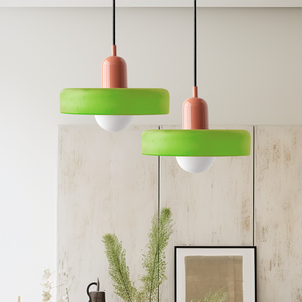 Ceiling Light Pendant with Coloured Glass Ring Shade in Bauhaus Geometric Design
