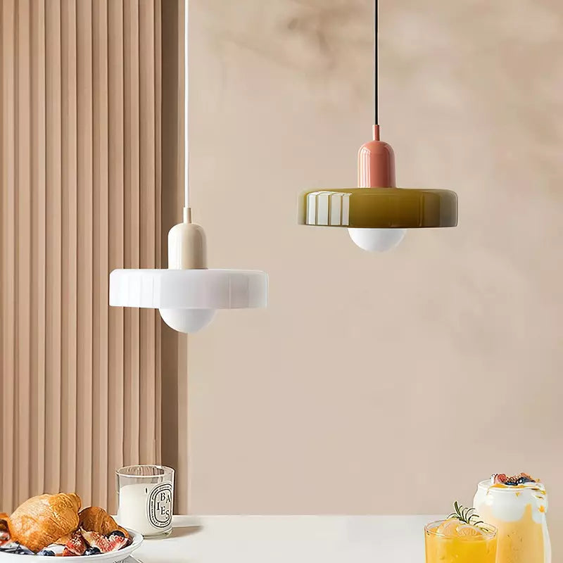 Ceiling Light Pendant with Coloured Glass Ring Shade in Bauhaus Geometric Design