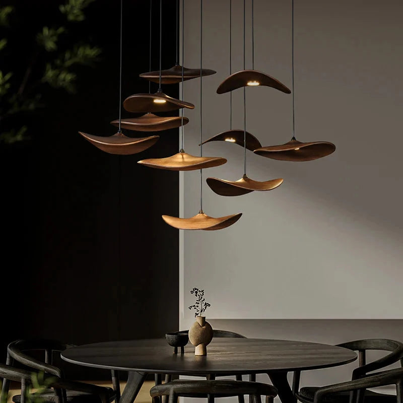 Pendant Light Multi Arm Chandelier with Curved Wood Discs at Varying Heights