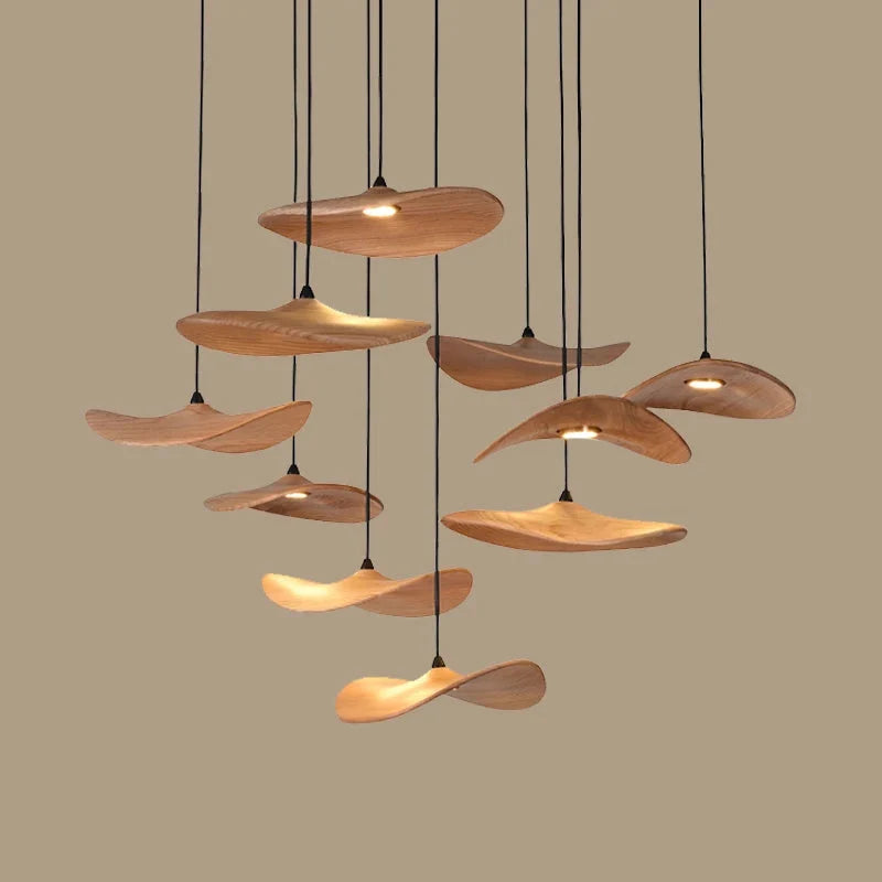 Pendant Light Multi Arm Chandelier with Curved Wood Discs at Varying Heights