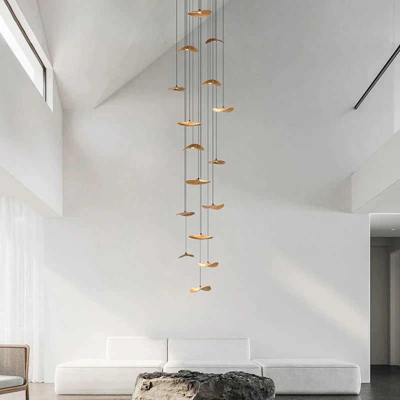 Pendant Light Multi Arm Chandelier with Curved Wood Discs at Varying Heights