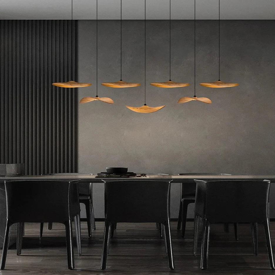 Pendant Light Multi Arm Chandelier with Curved Wood Discs at Varying Heights