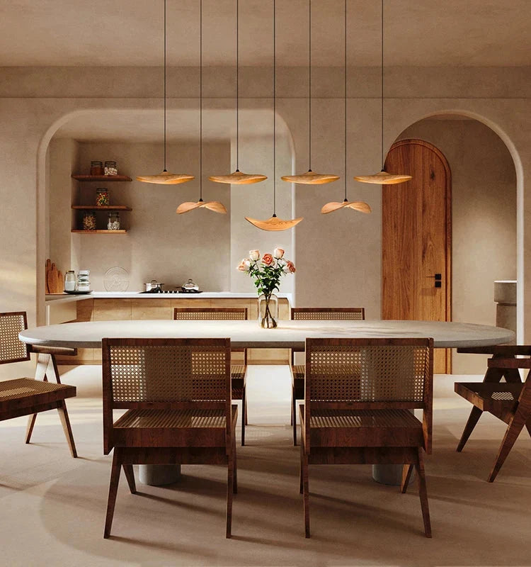 Pendant Light Multi Arm Chandelier with Curved Wood Discs at Varying Heights