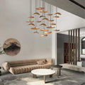 Pendant Light Multi Arm Chandelier with Curved Wood Discs at Varying Heights