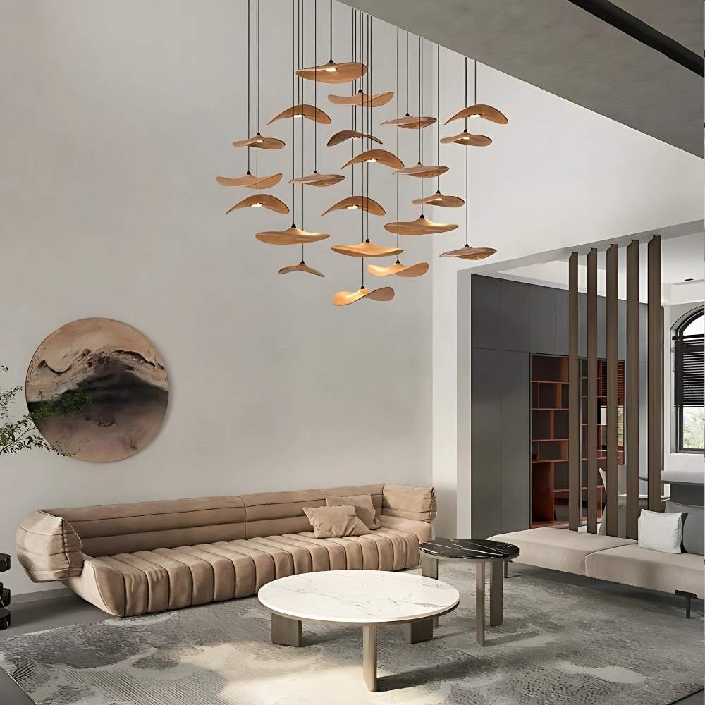 Pendant Light Multi Arm Chandelier with Curved Wood Discs at Varying Heights