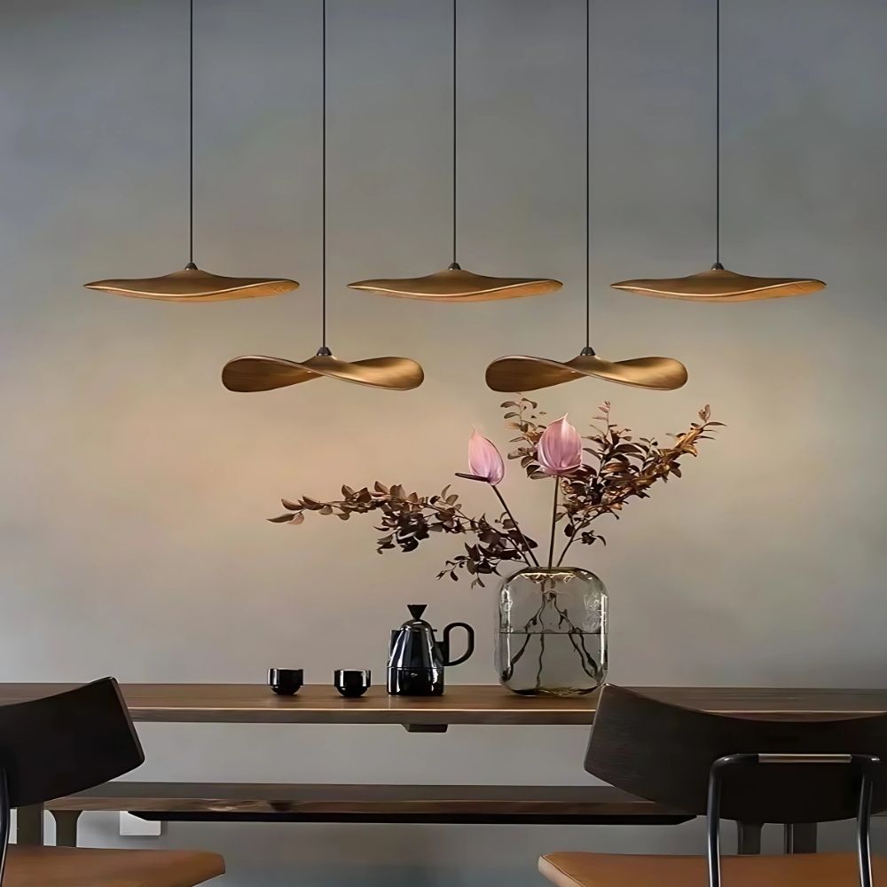 Pendant Light Multi Arm Chandelier with Curved Wood Discs at Varying Heights