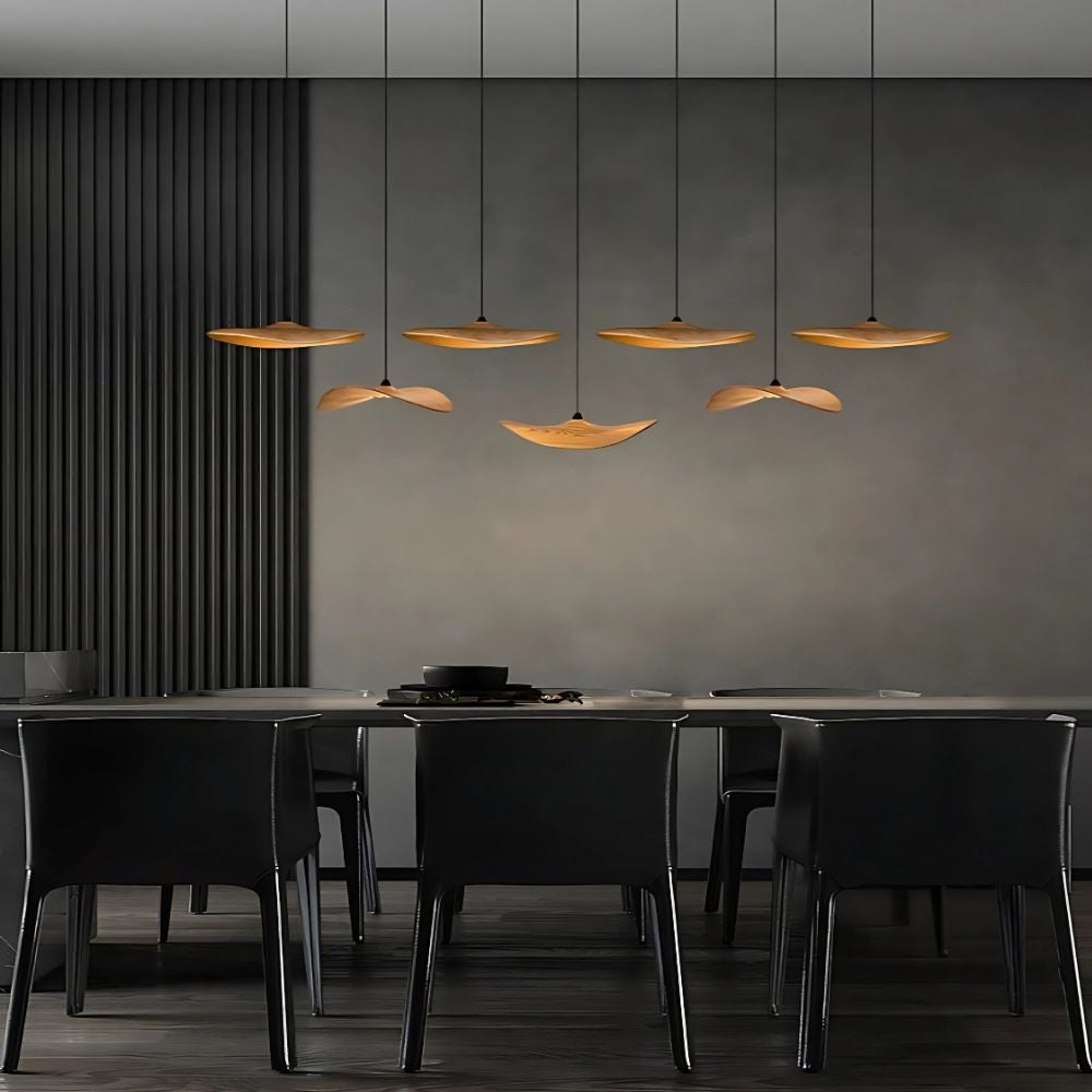 Pendant Light Multi Arm Chandelier with Curved Wood Discs at Varying Heights