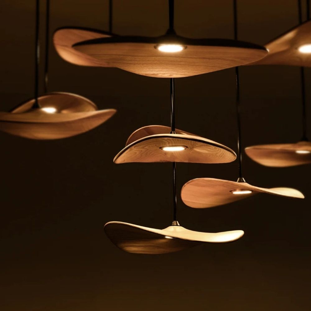 Pendant Light Multi Arm Chandelier with Curved Wood Discs at Varying Heights