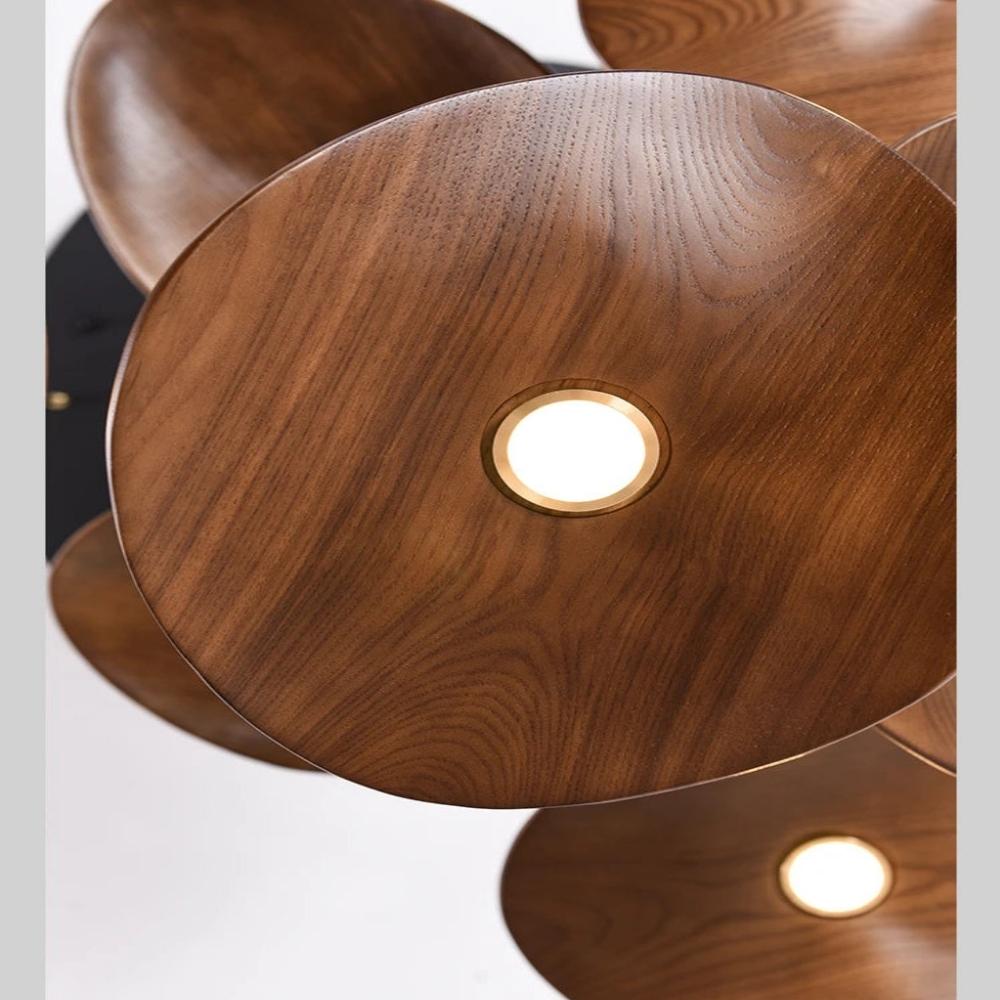 Pendant Light Multi Arm Chandelier with Curved Wood Discs at Varying Heights
