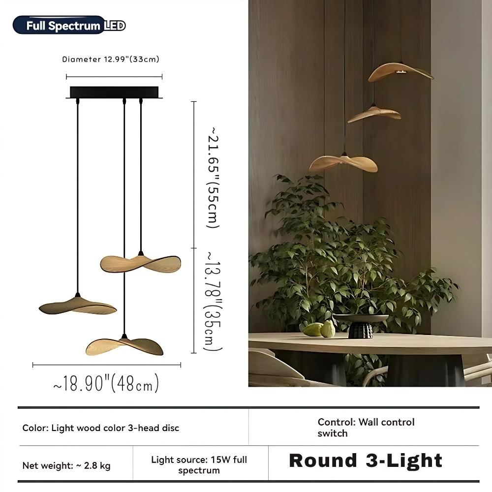 Pendant Light Multi Arm Chandelier with Curved Wood Discs at Varying Heights