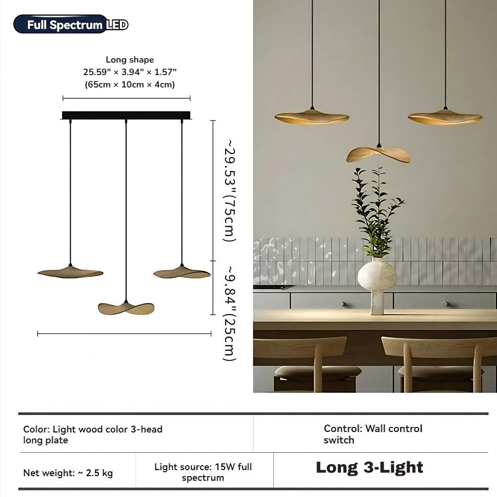Pendant Light Multi Arm Chandelier with Curved Wood Discs at Varying Heights