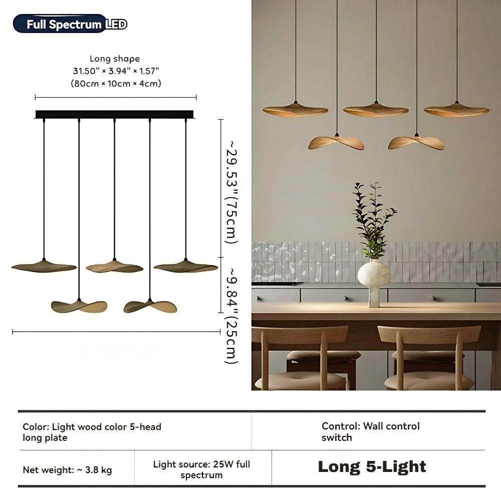 Pendant Light Multi Arm Chandelier with Curved Wood Discs at Varying Heights