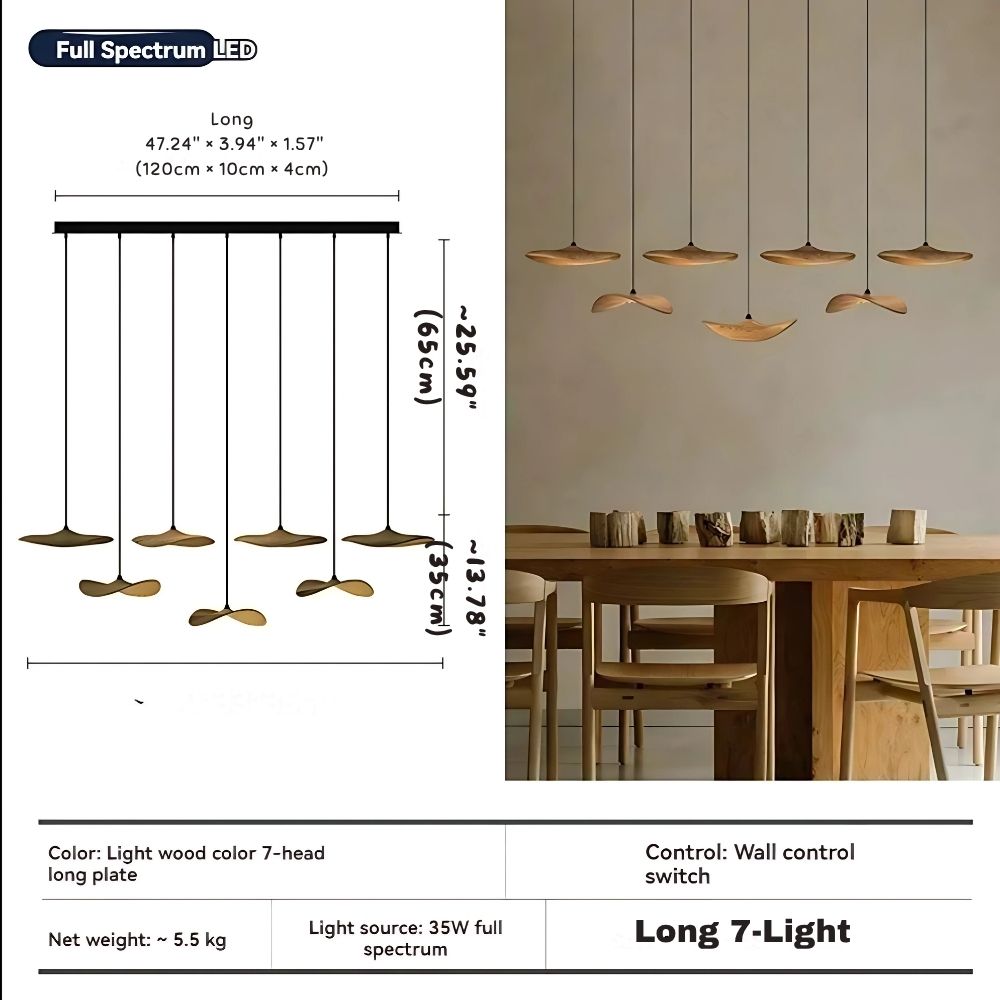 Pendant Light Multi Arm Chandelier with Curved Wood Discs at Varying Heights