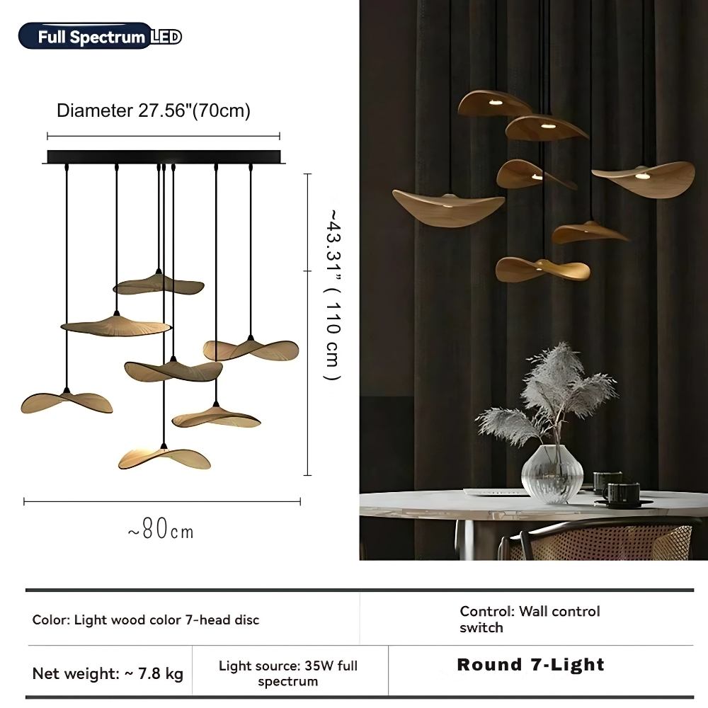 Pendant Light Multi Arm Chandelier with Curved Wood Discs at Varying Heights
