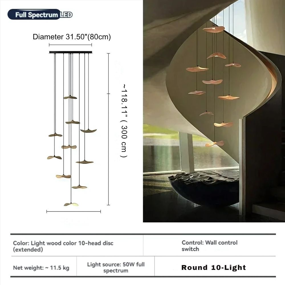 Pendant Light Multi Arm Chandelier with Curved Wood Discs at Varying Heights
