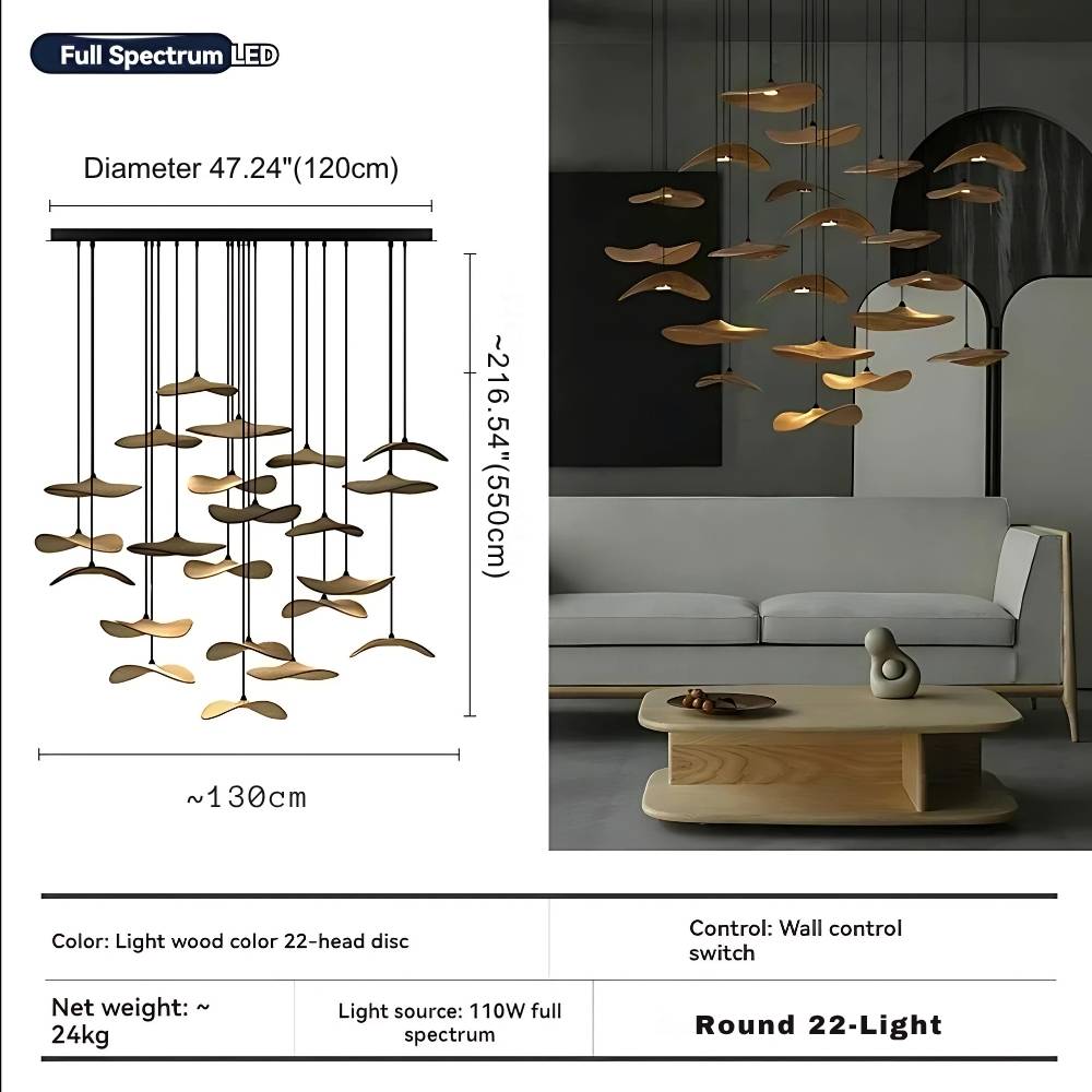 Pendant Light Multi Arm Chandelier with Curved Wood Discs at Varying Heights
