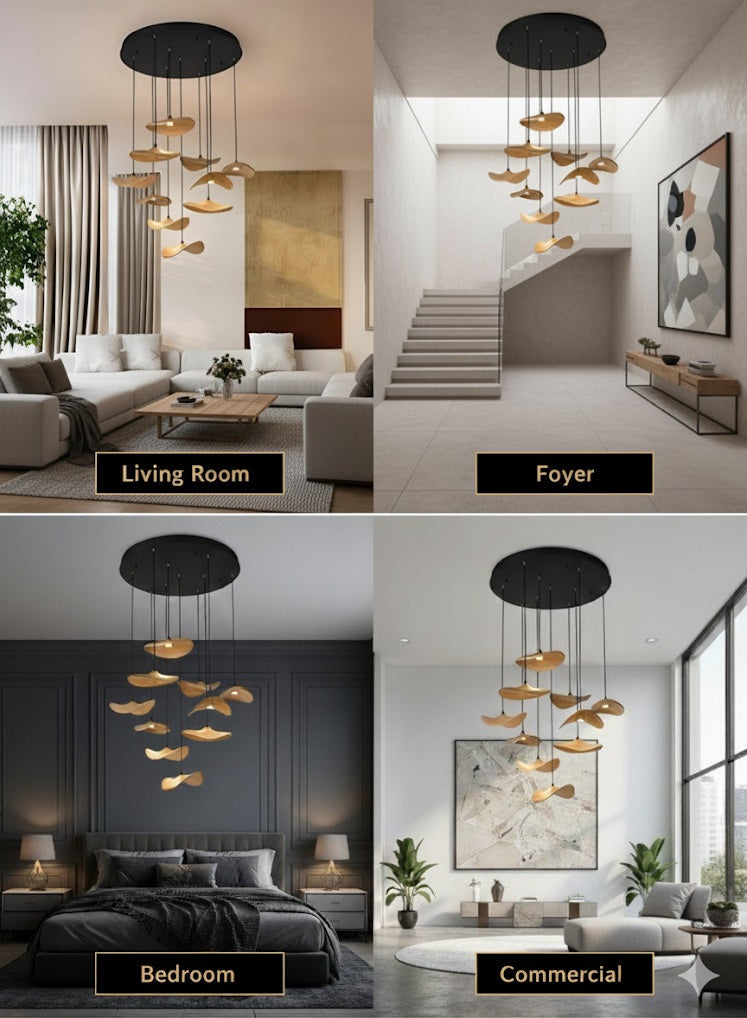 Pendant Light Multi Arm Chandelier with Curved Wood Discs at Varying Heights