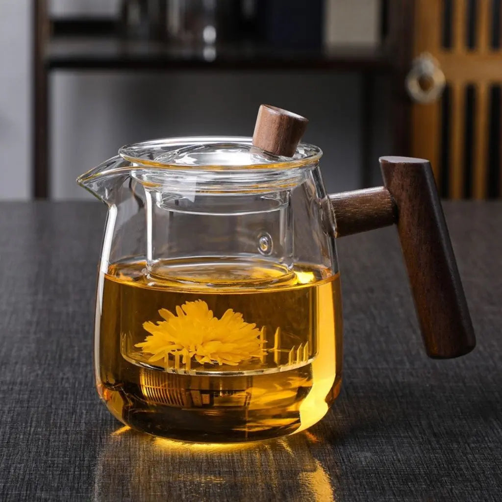 Tea Infuser Glass Teapot Borosilicate with Wooden Handle for Loose Leaf Brewing